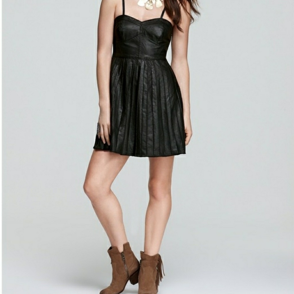 Free People Vegan Leather Pleated Babydoll Dress